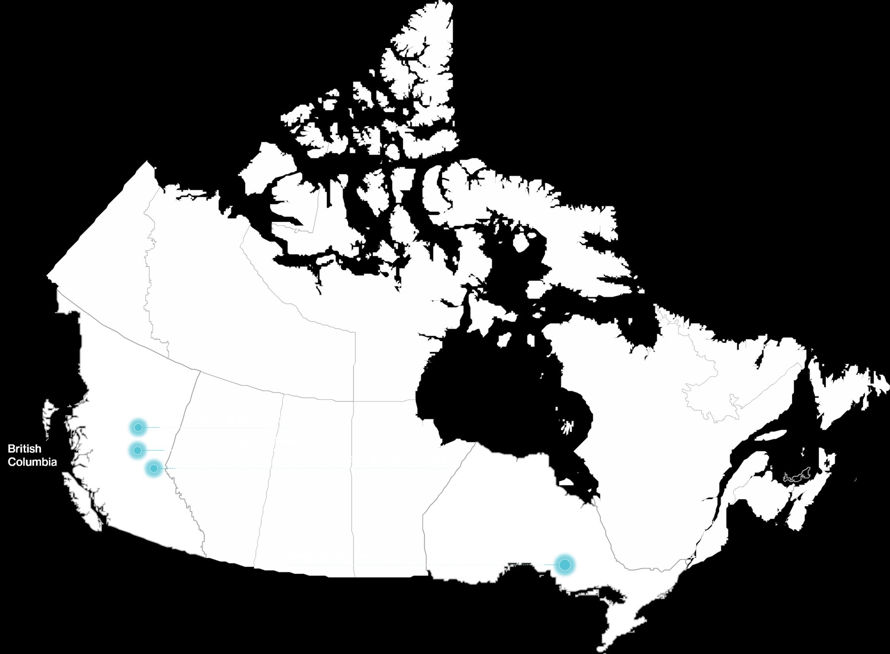 Map of Canada showing the five Silicon Metals Corp. projects across Ontario and British Columbia